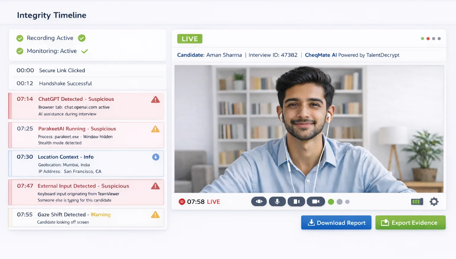CheqMate AI dashboard showing integrity timeline with live interview monitoring
